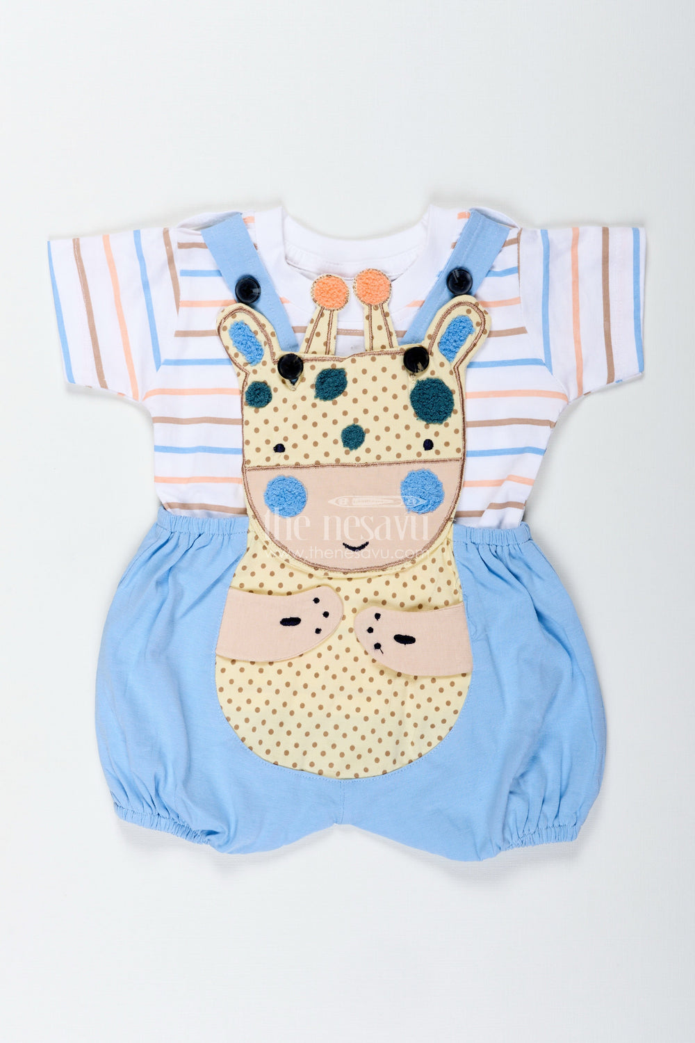 The Nesavu Boys Casual Set Boys Blue Shorts and Shirt Set with Giraffe Embellishment and Striped Tee for Everyday Fun Nesavu 14 (6M) / Blue BCS288A-14 Nesavu Boys Blue Shorts Shirt Set Giraffe Patch Cotton Striped Tee Playtime Comfort