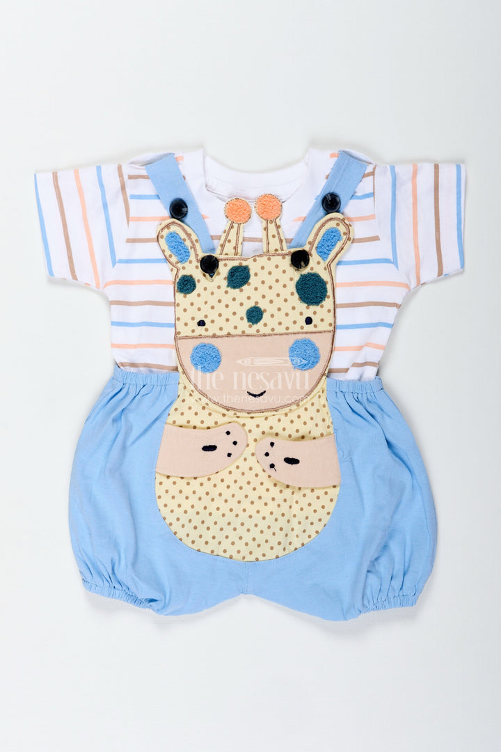 The Nesavu Boys Casual Set Boys Blue Shorts and Shirt Set with Giraffe Embellishment and Striped Tee for Everyday Fun Nesavu 14 (6M) / Blue BCS288A-14 Nesavu Boys Blue Shorts Shirt Set Giraffe Patch Cotton Striped Tee Playtime Comfort