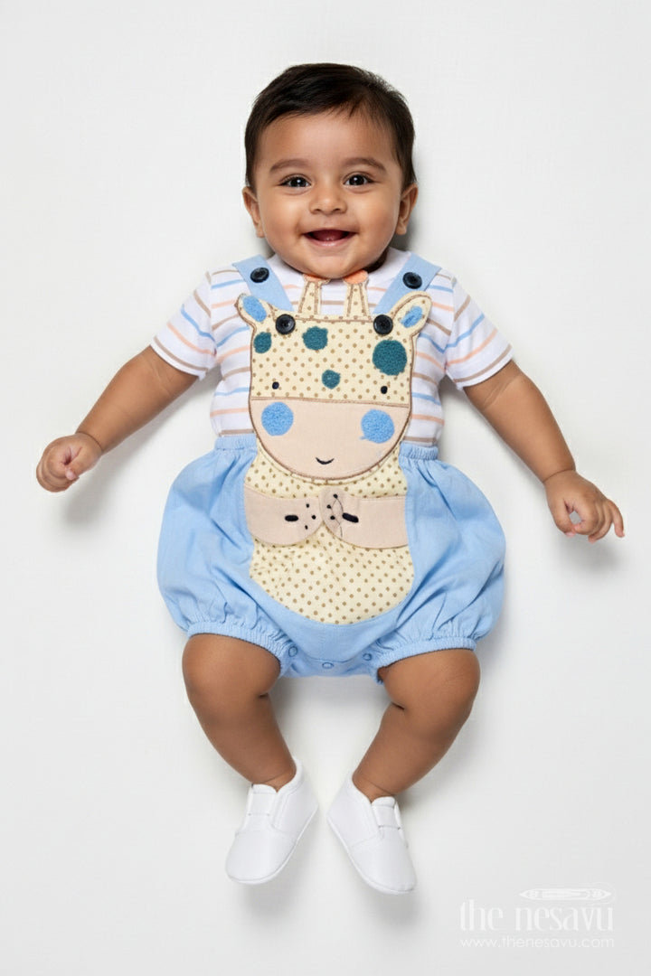 The Nesavu Boys Casual Set Boys Blue Shorts and Shirt Set with Giraffe Embellishment and Striped Tee for Everyday Fun Nesavu 14 (6M) / Blue BCS288A-14 Nesavu Boys Blue Shorts Shirt Set Giraffe Patch Cotton Striped Tee Playtime Comfort