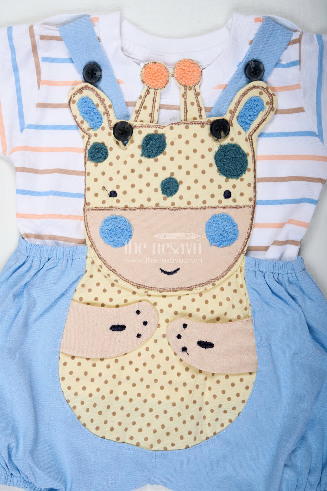 The Nesavu Boys Casual Set Boys Blue Shorts and Shirt Set with Giraffe Embellishment and Striped Tee for Everyday Fun Nesavu Nesavu Boys Blue Shorts Shirt Set Giraffe Patch Cotton Striped Tee Playtime Comfort