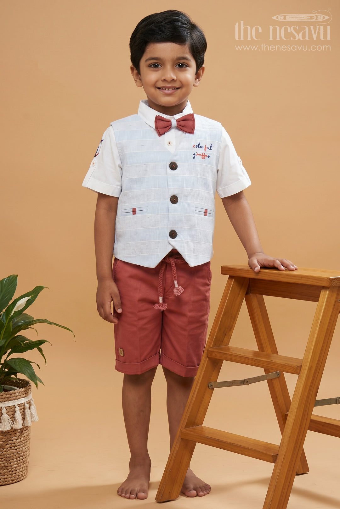 The Nesavu Boys Casual Set Boys' Blue, White, and Maroon Waistcoat with Shirt & Shorts Set Nesavu 14 (6M) / Multicolor BCS068A-14 Boys' Blue, White, and Maroon Waistcoat with Shirt & Shorts Set