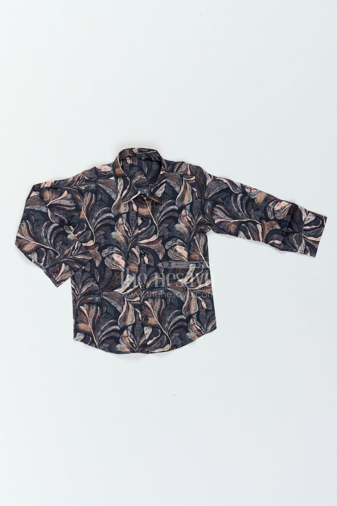 The Nesavu Boys Cotton Shirt Boys Botanical Print Shirt for Parties Family Dinners and Smart Occasions Nesavu 18 (2Y) / Black / Cotton Blend BS546A-18 Nesavu Boys Botanical Print Shirt For Parties Family Dinners Birthdays And Polished Smart Casual Occasions