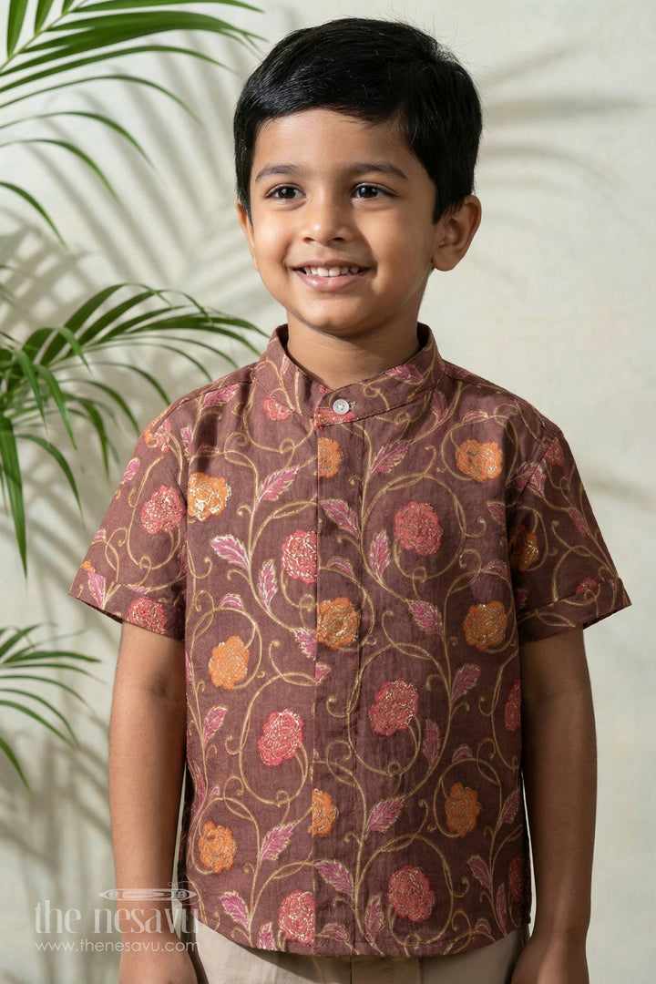 The Nesavu Boys Cotton Shirt Boys Breathable Chanderi Floral Print Shirttraditional Festive Attire Nesavu 16 (1Y) / Brown / Chanderi BS158B-16 Boys Traditional Chanderi Floral Shirt | The Nesavu