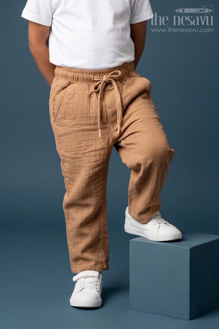 The Nesavu Boys Pant Boys Breathable Muslin Cotton Pants for Casual Outings and Play Nesavu 16 (1Y) / Cream / Muslin Cotton BWP031G-16 Nesavu boys breathable muslin cotton pants for casual outings comfortable kids drawstring pants