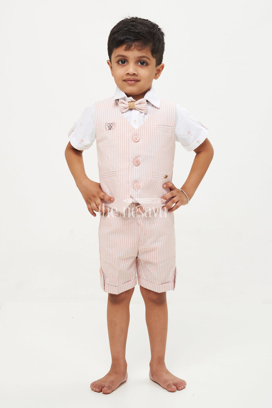 The Nesavu Boys Casual Set Boys' Brown Pinstriped Waistcoat Shorts Set Nesavu 14 (6M) / Brown BCS076B-14 Boys' Brown Pinstriped Waistcoat Shorts Set - Palm Tree Print Shirt