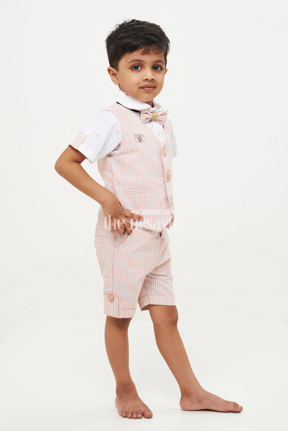 The Nesavu Boys Casual Set Boys' Brown Pinstriped Waistcoat Shorts Set Nesavu Boys' Brown Pinstriped Waistcoat Shorts Set - Palm Tree Print Shirt