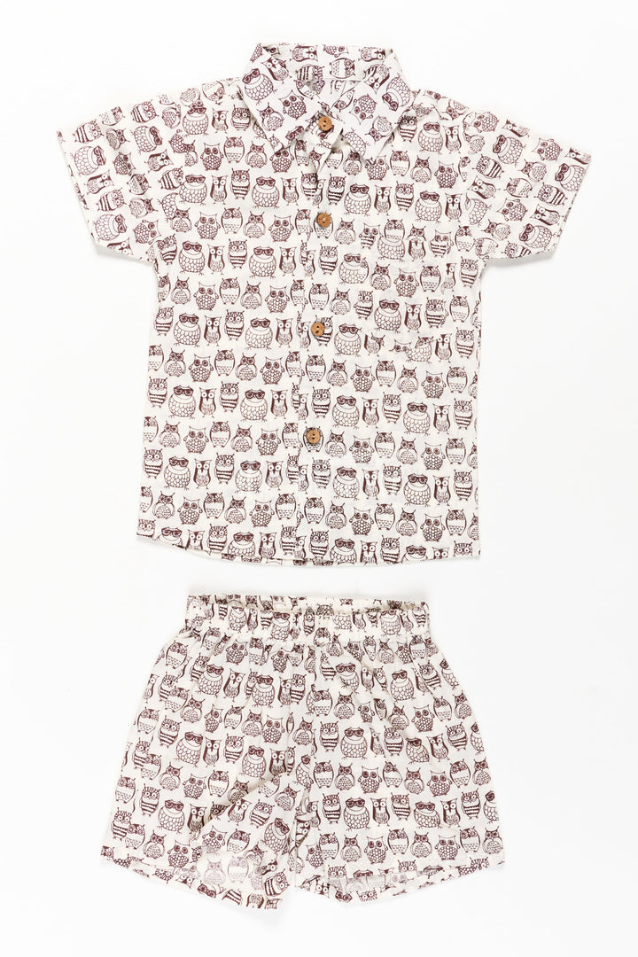The Nesavu Boys Casual Set Boys Brown Shirt and Shorts Set in Cotton with Owl Digital Print for Smart Casual Styling Nesavu 16 (1Y) / Brown BCS265A-16 Nesavu Boys Brown Shirt Shorts Set Cotton Whimsical Owl Digital Print
