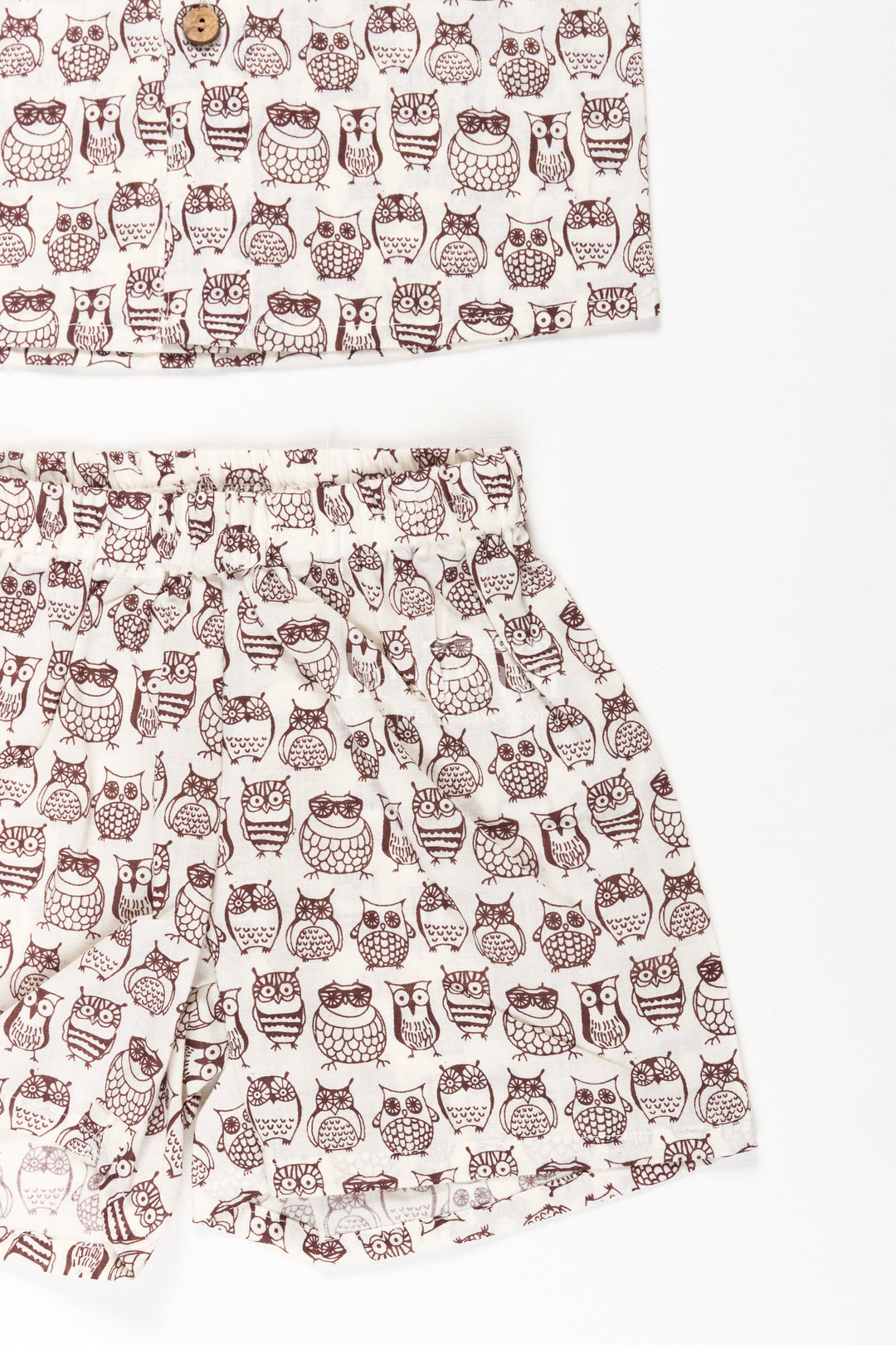 The Nesavu Boys Casual Set Boys Brown Shirt and Shorts Set in Cotton with Owl Digital Print for Smart Casual Styling Nesavu Nesavu Boys Brown Shirt Shorts Set Cotton Whimsical Owl Digital Print