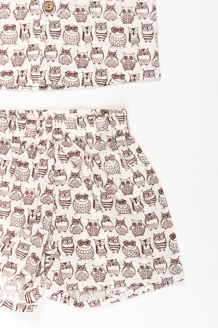 The Nesavu Boys Casual Set Boys Brown Shirt and Shorts Set in Cotton with Owl Digital Print for Smart Casual Styling Nesavu Nesavu Boys Brown Shirt Shorts Set Cotton Whimsical Owl Digital Print