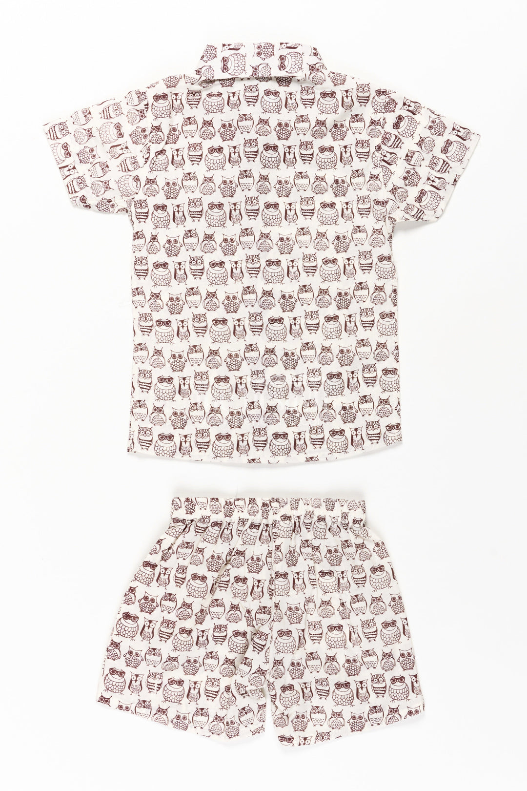 The Nesavu Boys Casual Set Boys Brown Shirt and Shorts Set in Cotton with Owl Digital Print for Smart Casual Styling Nesavu Nesavu Boys Brown Shirt Shorts Set Cotton Whimsical Owl Digital Print