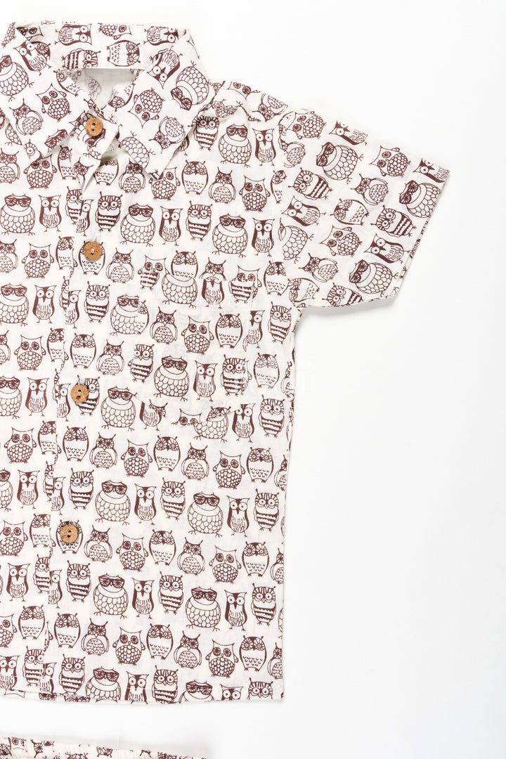 The Nesavu Boys Casual Set Boys Brown Shirt and Shorts Set in Cotton with Owl Digital Print for Smart Casual Styling Nesavu Nesavu Boys Brown Shirt Shorts Set Cotton Whimsical Owl Digital Print