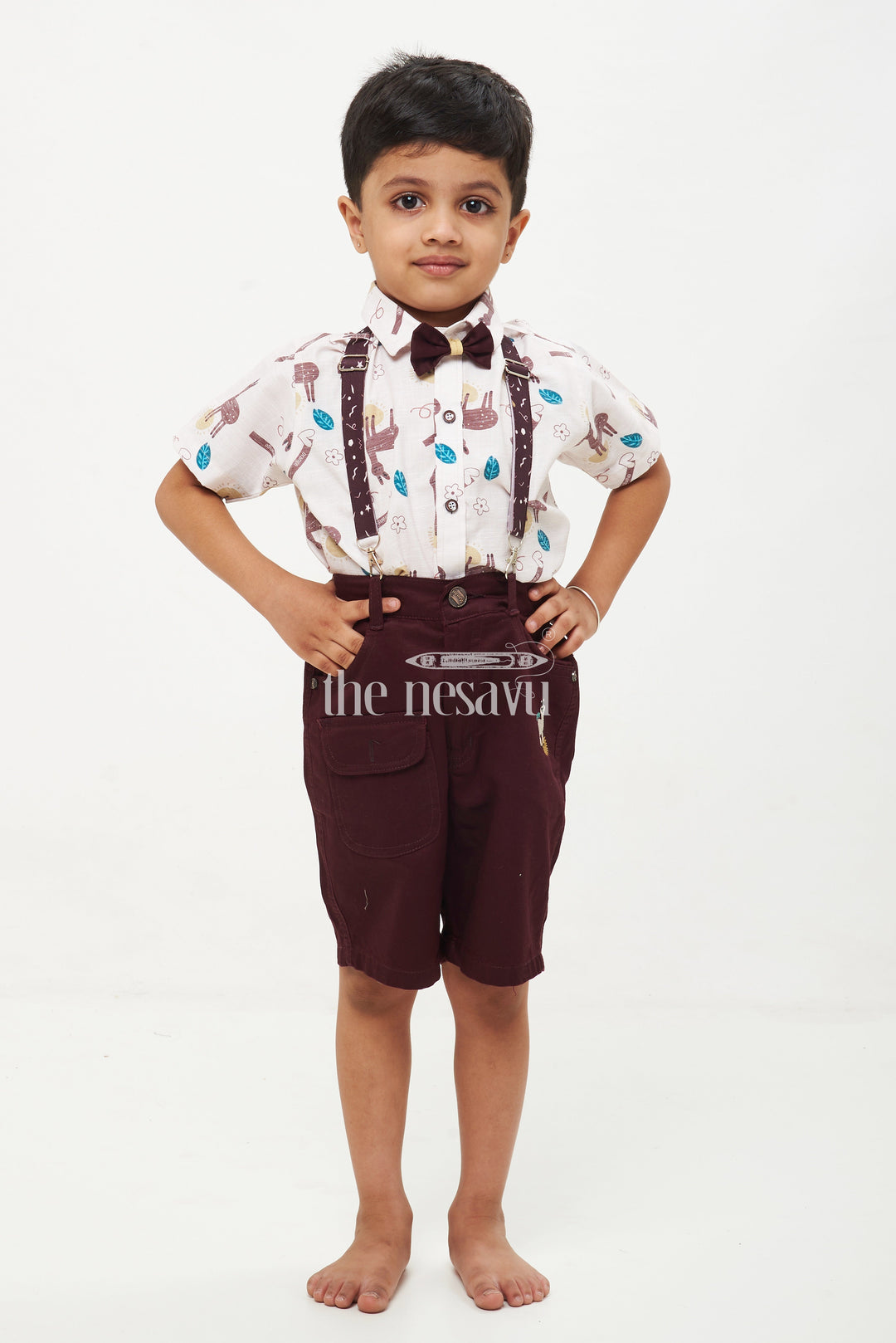 The Nesavu Boys Casual Set Boys' Brown & White Animal Print Suspender Set Nesavu 14 (6M) / Brown BCS091A-14 Boys' Brown & White Animal Print Suspender Set - Fun Casual Outfit