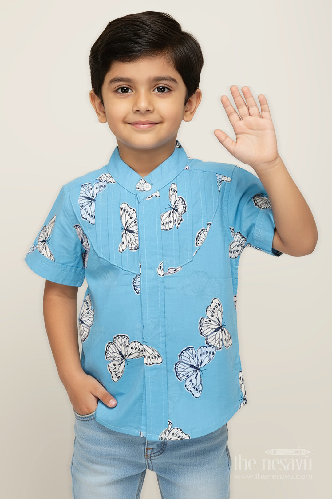 The Nesavu Boys Cotton Shirt Boys Butterfly Print Summer Cotton Shirt in Soft Blue Nature Theme Design Nesavu 16 (1Y) / Blue BS278A-16 Nesavu Boys Cotton Summer Shirt Butterfly Print Soft Blue a Cool Nature Inspired Look
