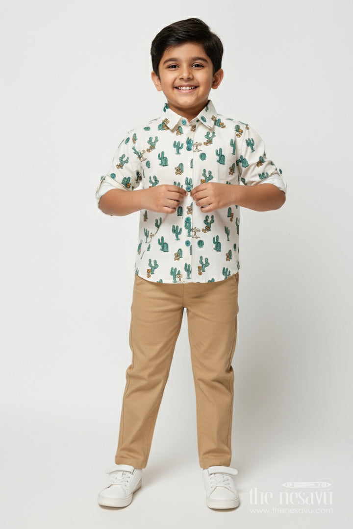 The Nesavu Boys Casual Set Boys Cactus Print Shirt with Beige Pants – Casual Cotton Set Nesavu 12 (3M) / Green BCS543B-12 Nesavu boys cotton casual set with cactus print shirt and beige pants