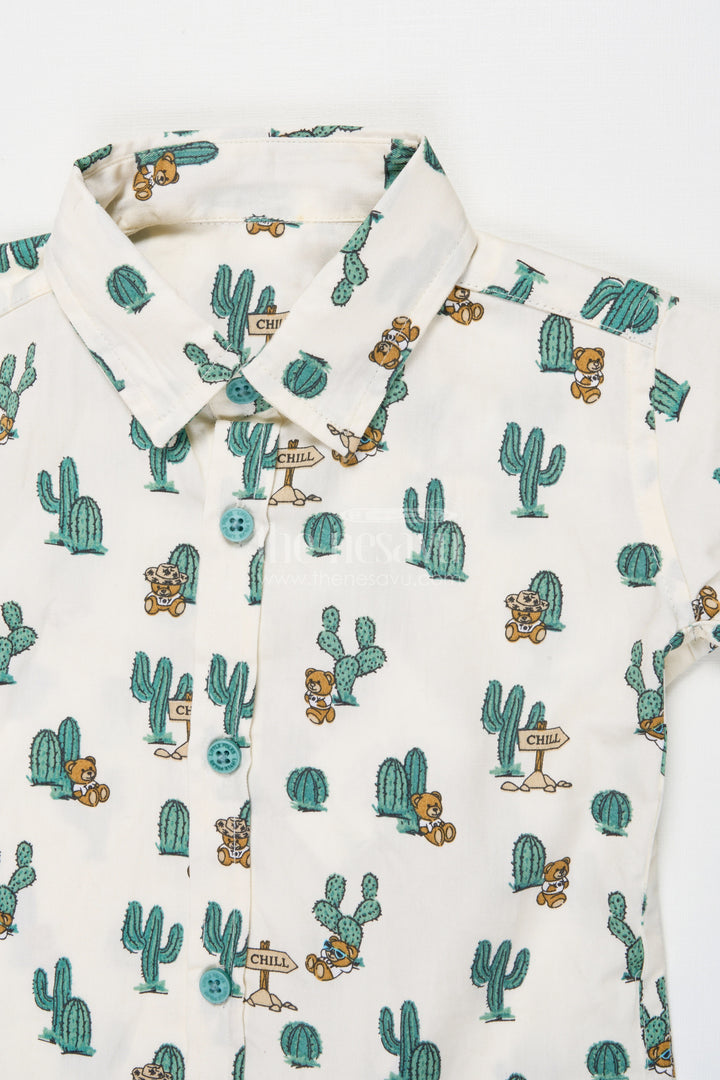 The Nesavu Boys Casual Set Boys Cactus Print Shirt with Beige Pants – Casual Cotton Set Nesavu Nesavu boys cotton casual set with cactus print shirt and beige pants