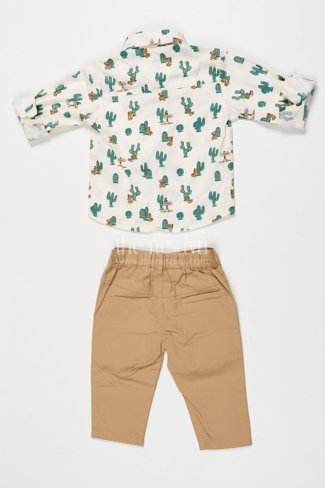 The Nesavu Boys Casual Set Boys Cactus Print Shirt with Beige Pants – Casual Cotton Set Nesavu Nesavu boys cotton casual set with cactus print shirt and beige pants