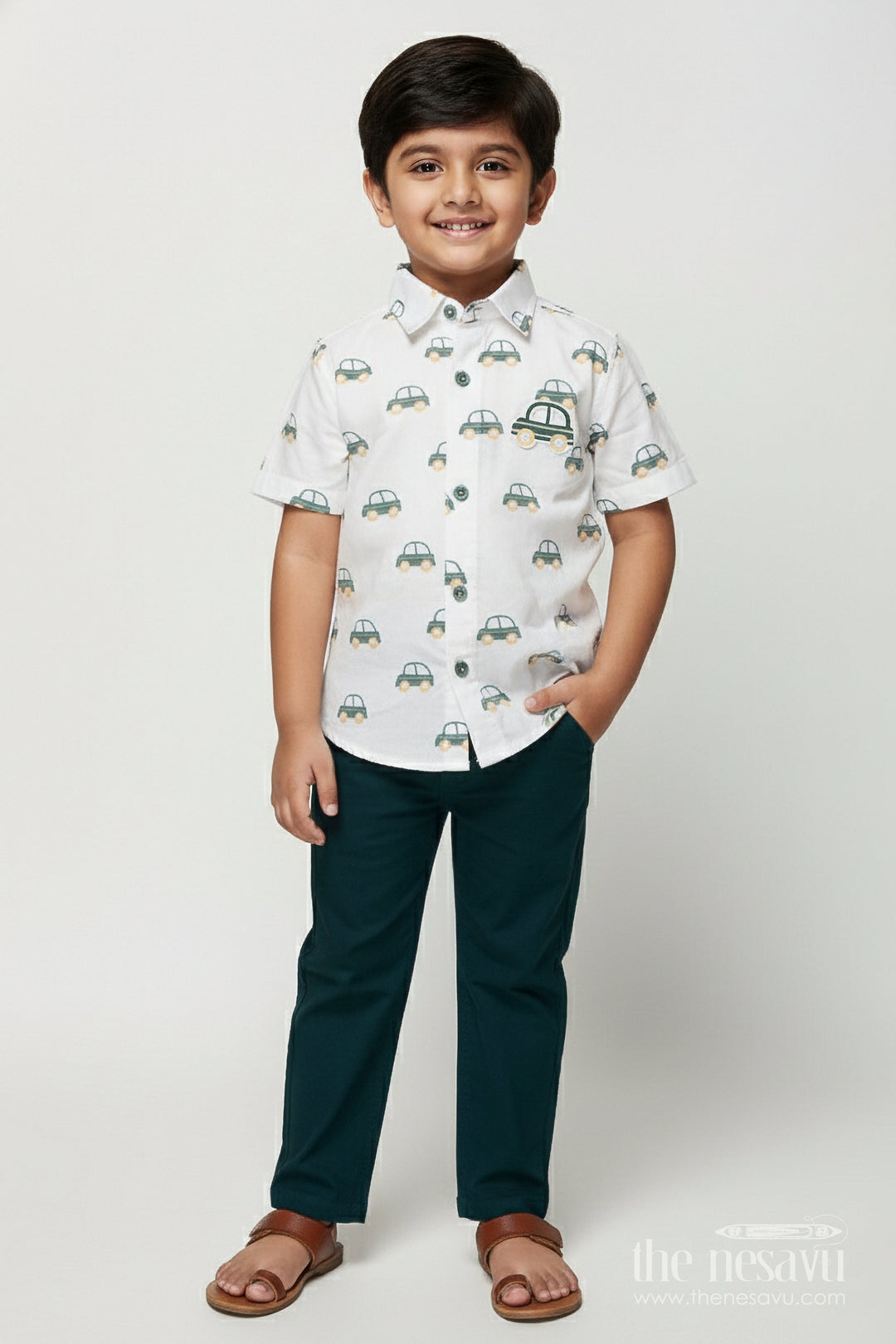 The Nesavu Boys Casual Set Boys Car Print Cotton Shirt and Pants Set for Everyday Play Nesavu 14 (6M) / Green BCS491A-14 Nesavu boys car print cotton casual set  fun jungle-themed shirt pants