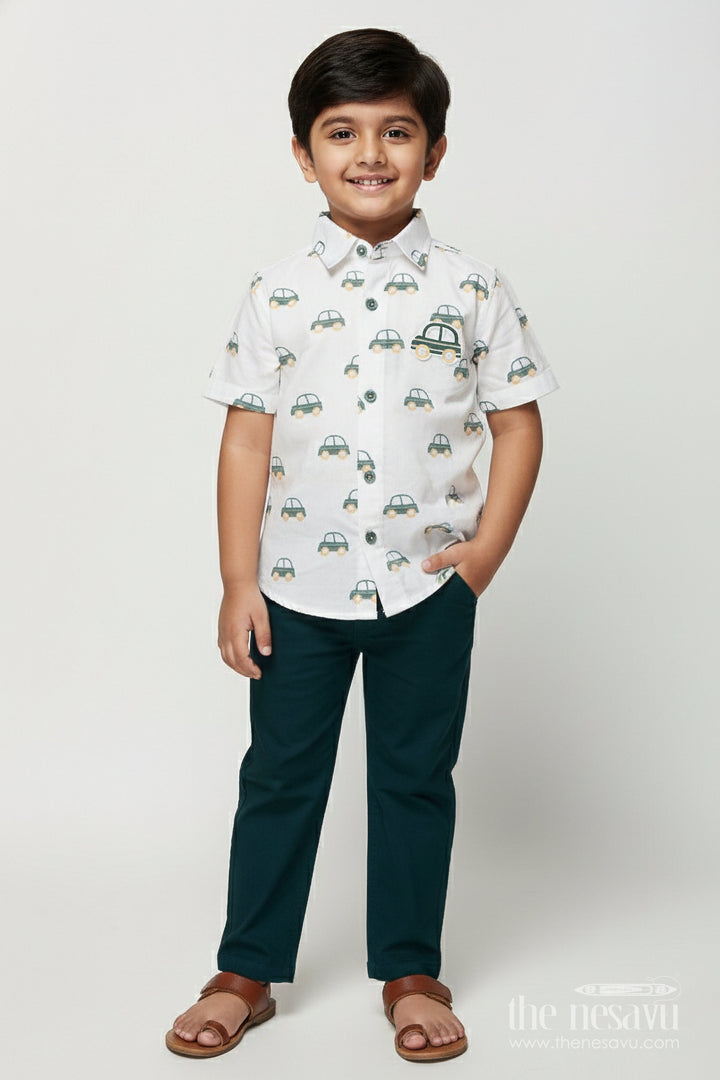 The Nesavu Boys Casual Set Boys Car Print Cotton Shirt and Pants Set for Everyday Play Nesavu 14 (6M) / Green BCS491A-14 Nesavu boys car print cotton casual set  fun jungle-themed shirt pants