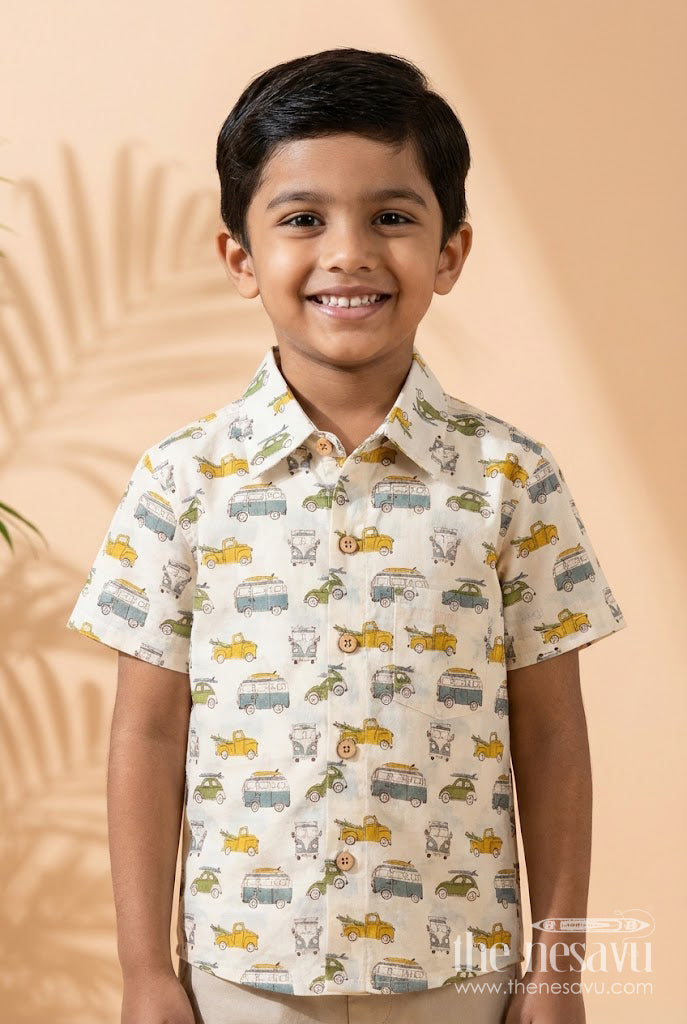 The Nesavu Boys Cotton Shirt Boys Car Print Shirt for Everyday Wear and Travel Days Nesavu 20 (3Y) / Cream / Cotton BS393A-20 Nesavu boys cotton shirt with vintage car print for casual wear, travel and everyday adventures