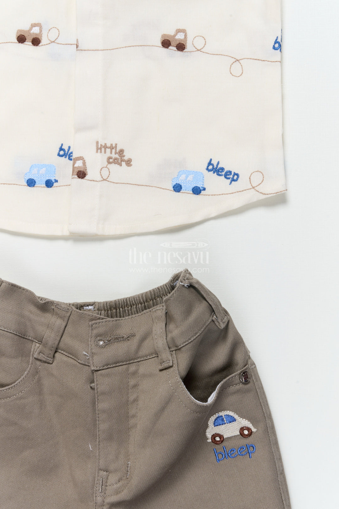 The Nesavu Boys Casual Set Boys Car-Themed Shirt and Shorts Set for Birthdays and Outings Nesavu Nesavu boys car embroidered shirt shorts set bow tie birthdays family outings