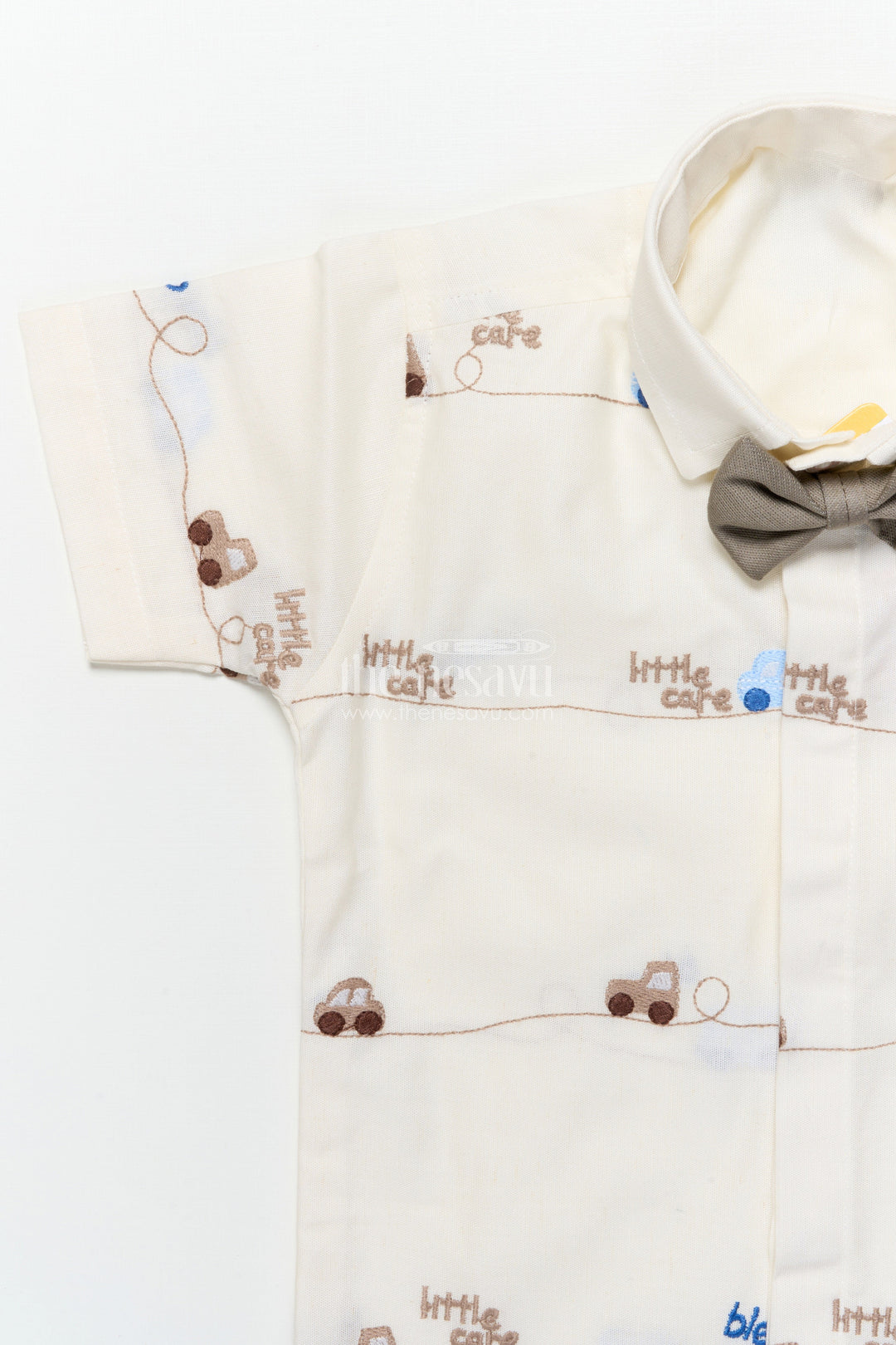 The Nesavu Boys Casual Set Boys Car-Themed Shirt and Shorts Set for Birthdays and Outings Nesavu Nesavu boys car embroidered shirt shorts set bow tie birthdays family outings