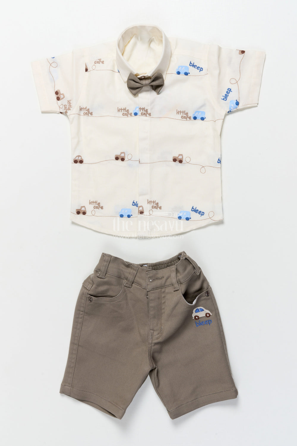 The Nesavu Boys Casual Set Boys Car-Themed Shirt and Shorts Set for Birthdays and Outings Nesavu Nesavu boys car embroidered shirt shorts set bow tie birthdays family outings