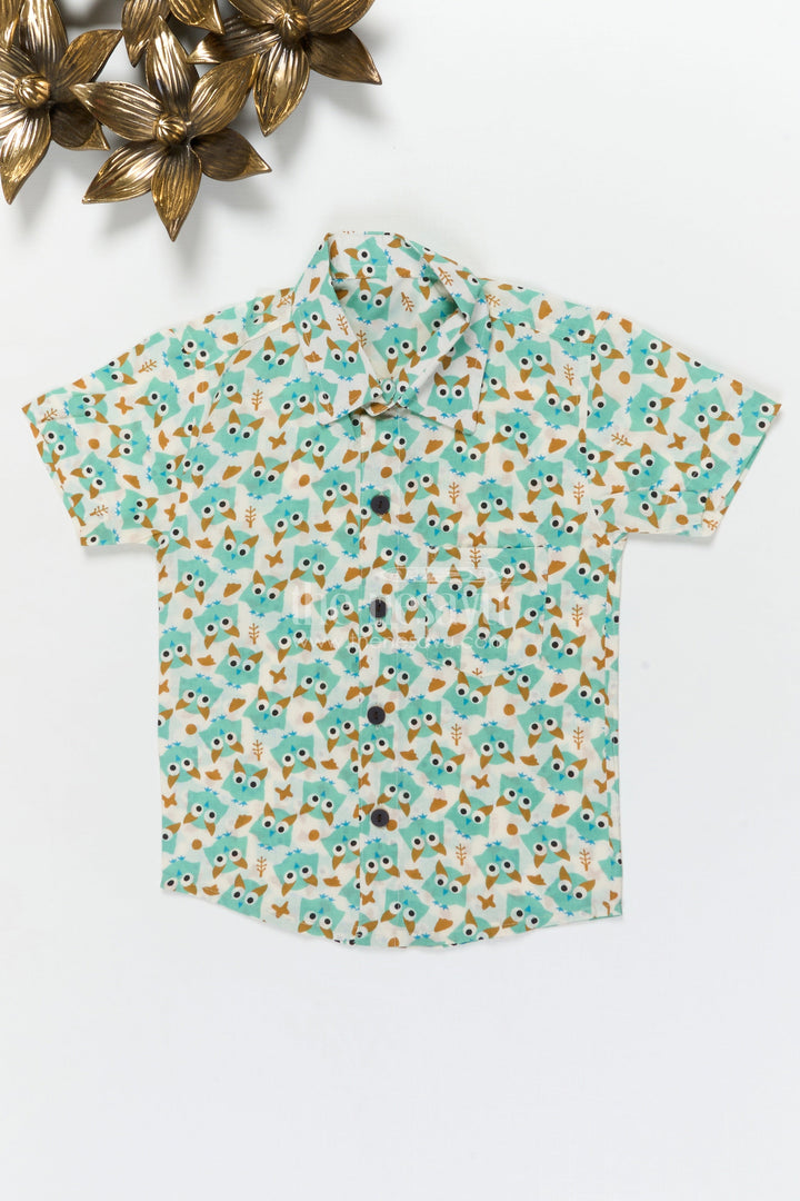 The Nesavu Boys Cotton Shirt Boys Cartoon Bird Print Shirt for School Events and Everyday Wear Nesavu 20 (3Y) / Turquoise / Cotton BS395A-20 Nesavu boys cotton shirt with cartoon bird print for school, playdates and nature-themed dressing