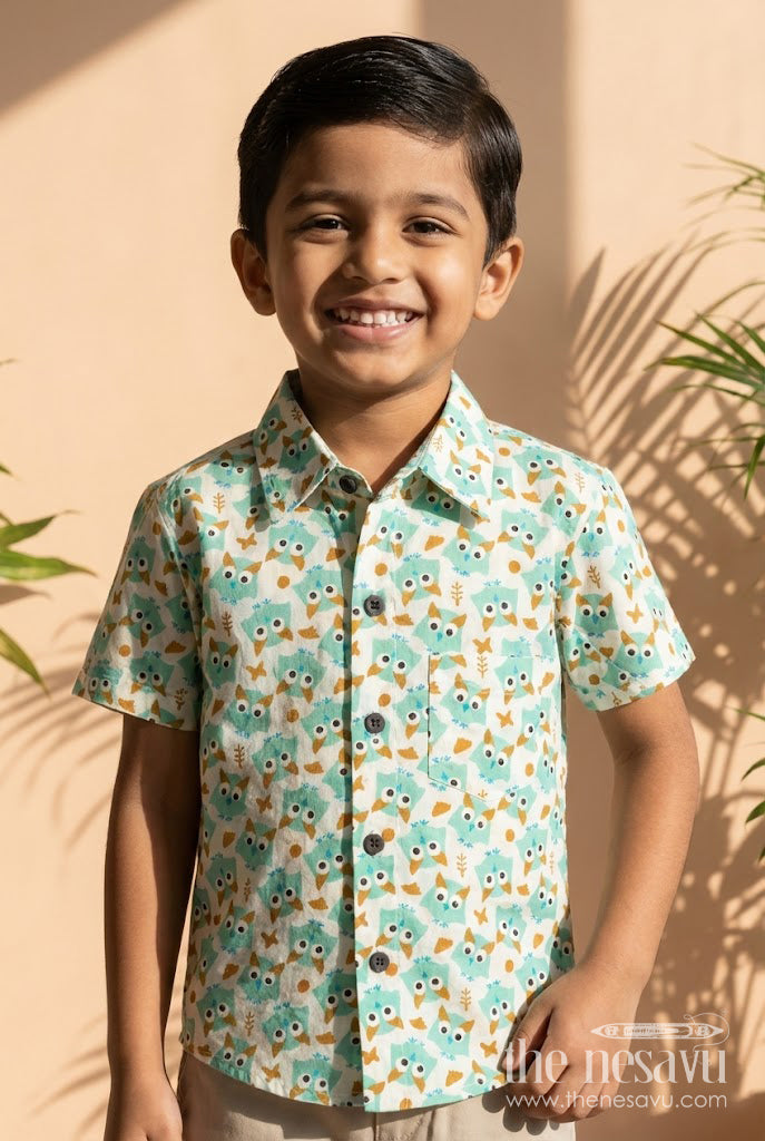 The Nesavu Boys Cotton Shirt Boys Cartoon Bird Print Shirt for School Events and Everyday Wear Nesavu 20 (3Y) / Turquoise / Cotton BS395A-20 Nesavu boys cotton shirt with cartoon bird print for school, playdates and nature-themed dressing