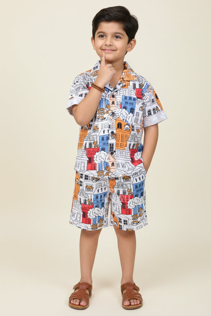 The Nesavu Boys Casual Set Boys Cartoon City Printed Shirt and Shorts Set for Everyday Wear Nesavu 16 (1Y) / Multicolor BCS395B-16 Nesavu boys cotton cartoon printed co-ord set perfect for casual wear and summer playdates