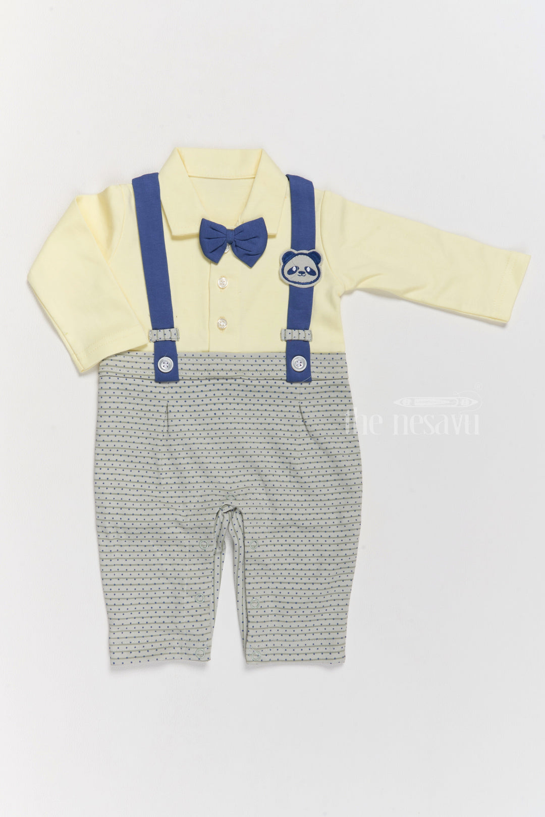 The Nesavu Boys Casual Set Boys Casual and Formal Cotton Attire with Yellow Shirt, Printed Dungarees, and Bow Tie Nesavu 12 (3M) / Yellow BCS205A-12 Boys Cotton Casual Formal Attire Yellow Shirt Printed Grey Dungarees Bow Tie | The Nesavu