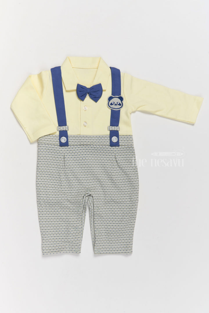 The Nesavu Boys Casual Set Boys Casual and Formal Cotton Attire with Yellow Shirt, Printed Dungarees, and Bow Tie Nesavu 12 (3M) / Yellow BCS205A-12 Boys Cotton Casual Formal Attire Yellow Shirt Printed Grey Dungarees Bow Tie | The Nesavu