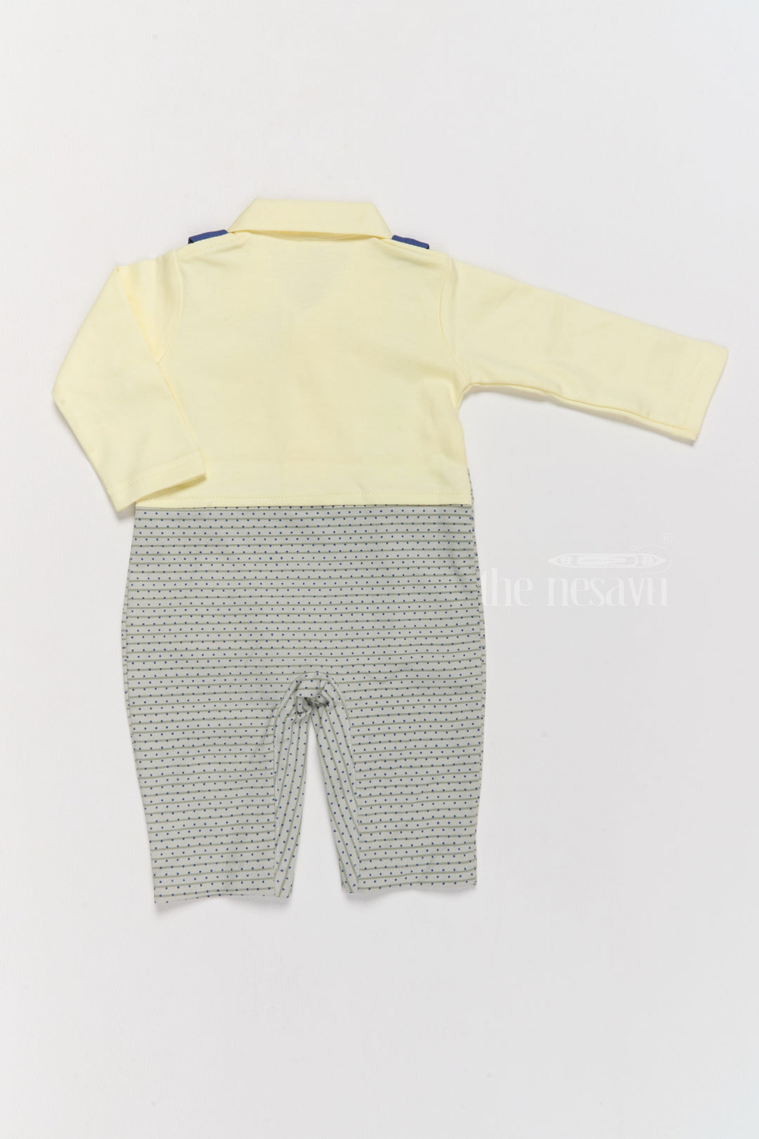 The Nesavu Boys Casual Set Boys Casual and Formal Cotton Attire with Yellow Shirt, Printed Dungarees, and Bow Tie Nesavu Boys Cotton Casual Formal Attire Yellow Shirt Printed Grey Dungarees Bow Tie | The Nesavu
