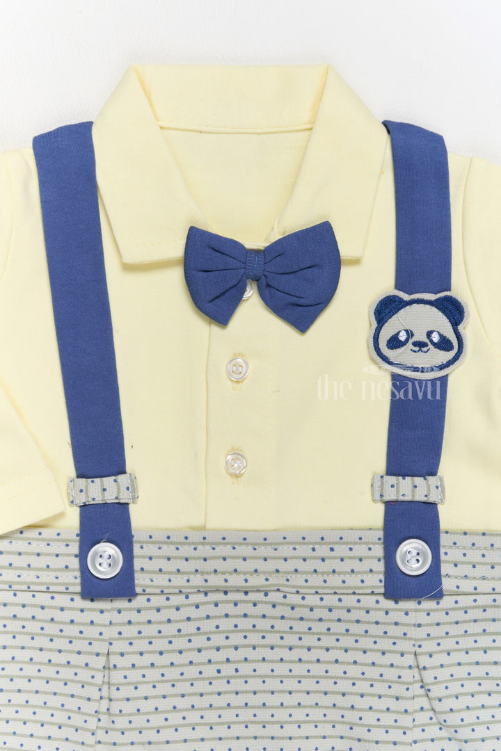 The Nesavu Boys Casual Set Boys Casual and Formal Cotton Attire with Yellow Shirt, Printed Dungarees, and Bow Tie Nesavu Boys Cotton Casual Formal Attire Yellow Shirt Printed Grey Dungarees Bow Tie | The Nesavu