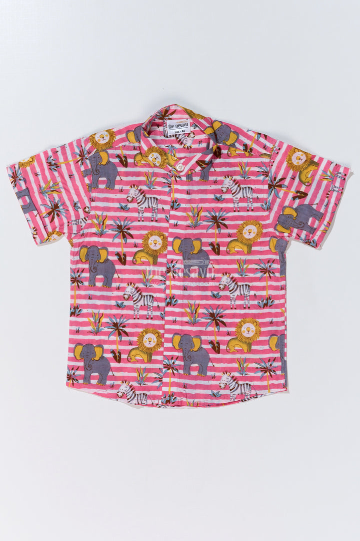 The Nesavu Boys Cotton Shirt Boys Casual Animal Print Dress Shirt in Cotton Block Print with Safari Motif Nesavu 16 (1Y) / Pink BS241C-16 Boys Casual Animal Print Dress Shirt Cotton Block Print Safari Theme | The Nesavu