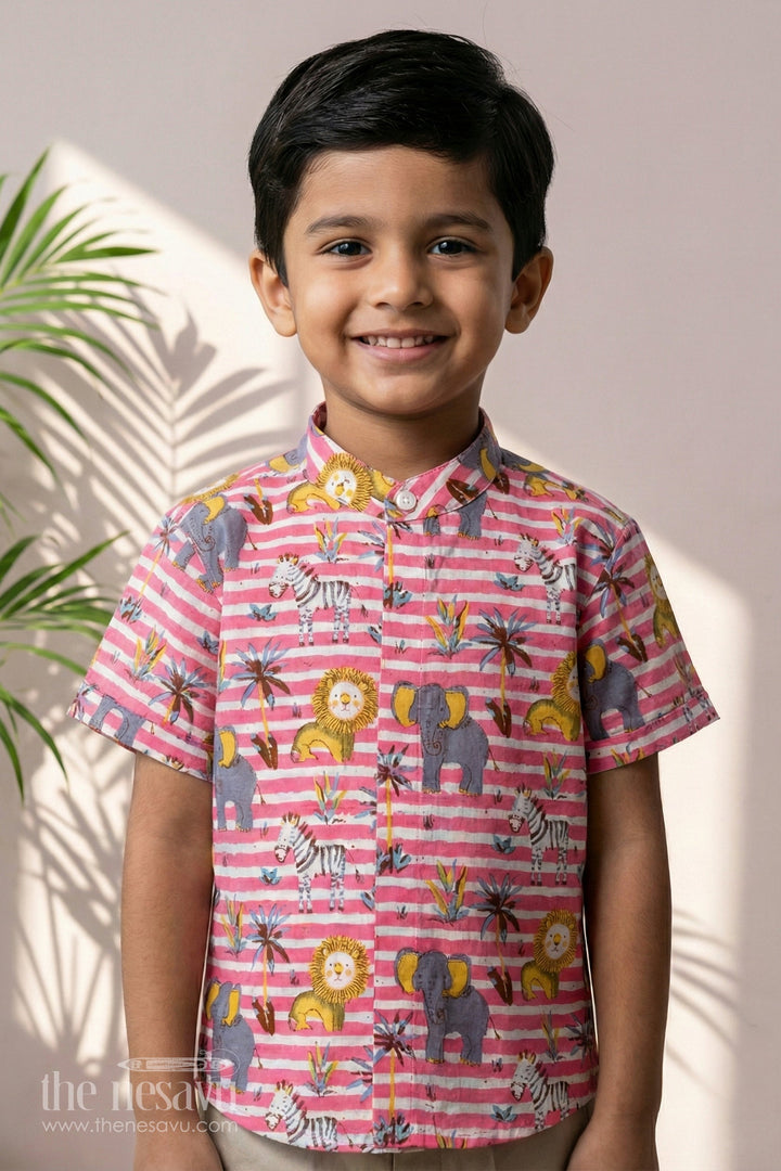 The Nesavu Boys Cotton Shirt Boys Casual Animal Print Dress Shirt in Cotton Block Print with Safari Motif Nesavu 16 (1Y) / Pink BS241C-16 Boys Casual Animal Print Dress Shirt Cotton Block Print Safari Theme | The Nesavu