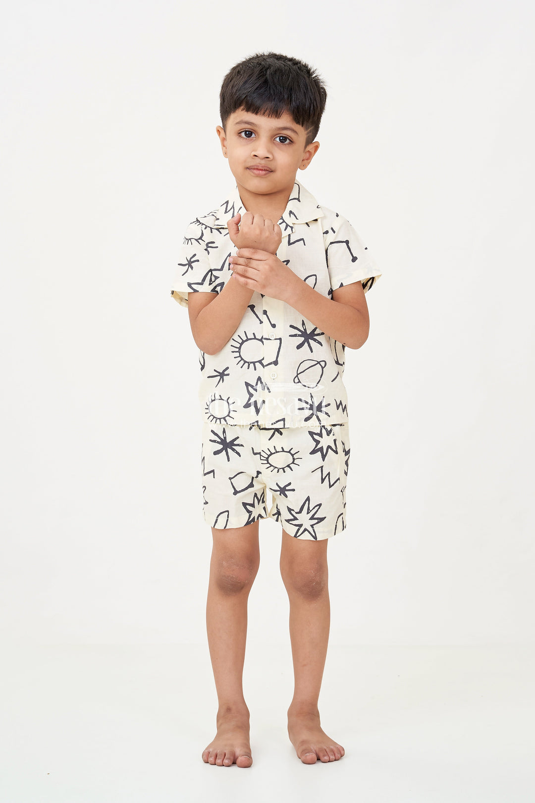 The Nesavu Boys Casual Set Boys Casual Beach Outfits in Cotton with Bold Black Graphic Digital Print On Off-White Base Nesavu 14 (6M) / Cream BCS242A-14 Boys casual beach outfits Cotton Graphic Digital Print Trendy Summer Comfort | The Nesavu
