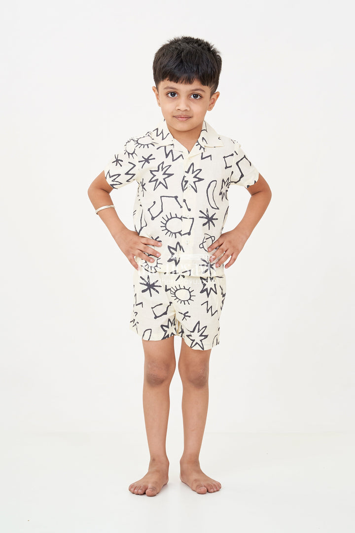 The Nesavu Boys Casual Set Boys Casual Beach Outfits in Cotton with Bold Black Graphic Digital Print On Off-White Base Nesavu Boys casual beach outfits Cotton Graphic Digital Print Trendy Summer Comfort | The Nesavu