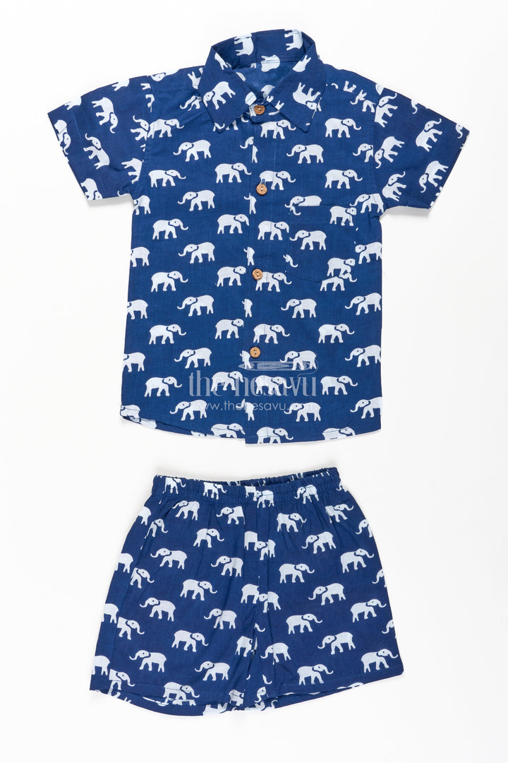 The Nesavu Boys Casual Set Boys Casual Blue Outfit in Cotton with White Elephant Digital Print and Matching Shorts Nesavu 16 (1Y) / Blue BCS270A-16 Nesavu Boys Casual Blue Outfit Cotton White Elephant Print Shirt Shorts