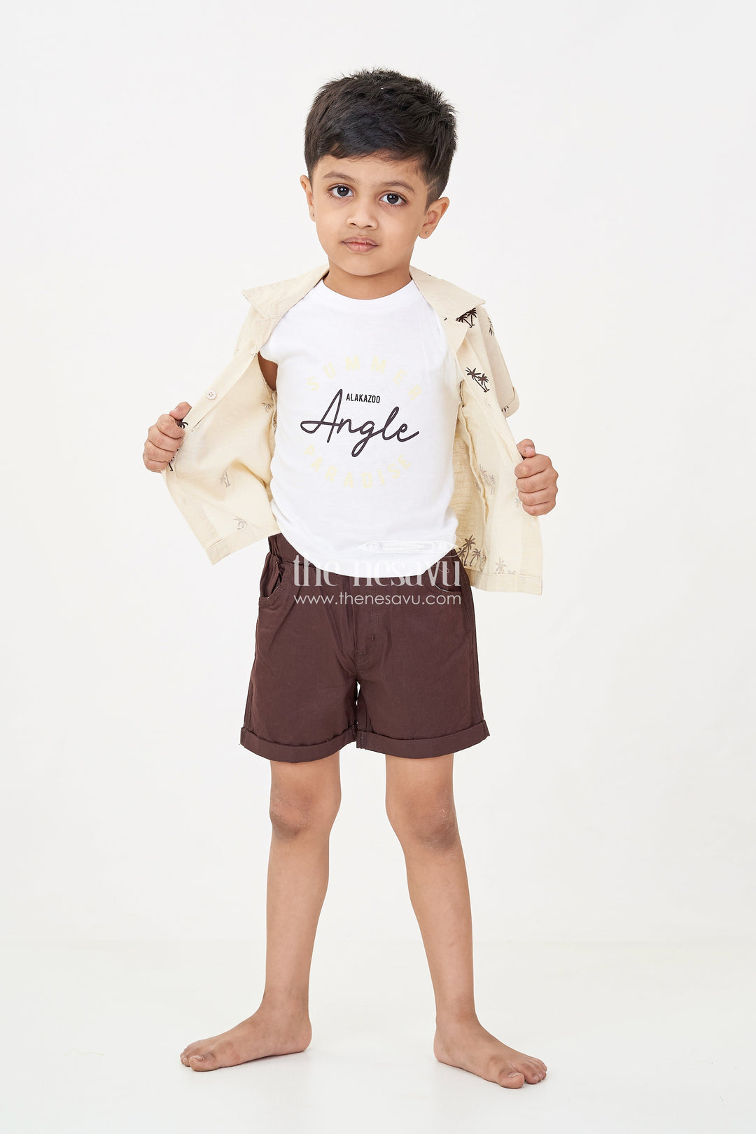 The Nesavu Boys Casual Set Boys Casual Clothes Set with Palm Tree Shirt Sleeveless Tee and Dark Shorts for a Cool Summer Look Nesavu 14 (6M) / Cream BCS243A-14 Boys casual clothes Set Palm Tree Shirt Sleeveless Tee Summer Comfort | The Nesavu