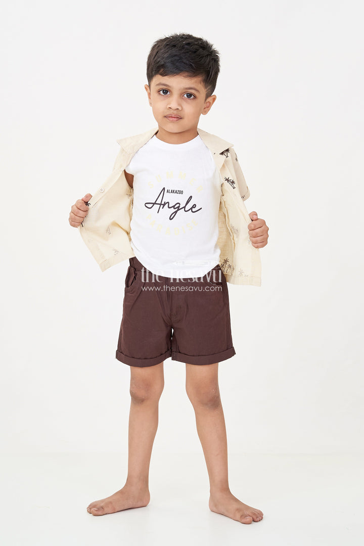 The Nesavu Boys Casual Set Boys Casual Clothes Set with Palm Tree Shirt Sleeveless Tee and Dark Shorts for a Cool Summer Look Nesavu 14 (6M) / Cream BCS243A-14 Boys casual clothes Set Palm Tree Shirt Sleeveless Tee Summer Comfort | The Nesavu