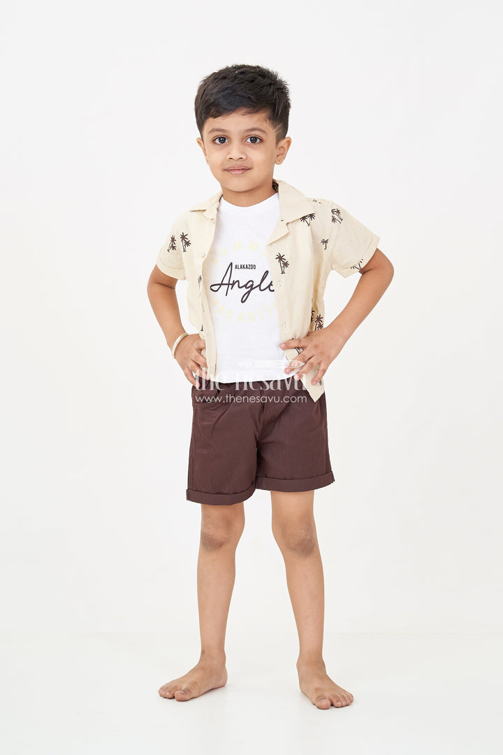 The Nesavu Boys Casual Set Boys Casual Clothes Set with Palm Tree Shirt Sleeveless Tee and Dark Shorts for a Cool Summer Look Nesavu Boys casual clothes Set Palm Tree Shirt Sleeveless Tee Summer Comfort | The Nesavu