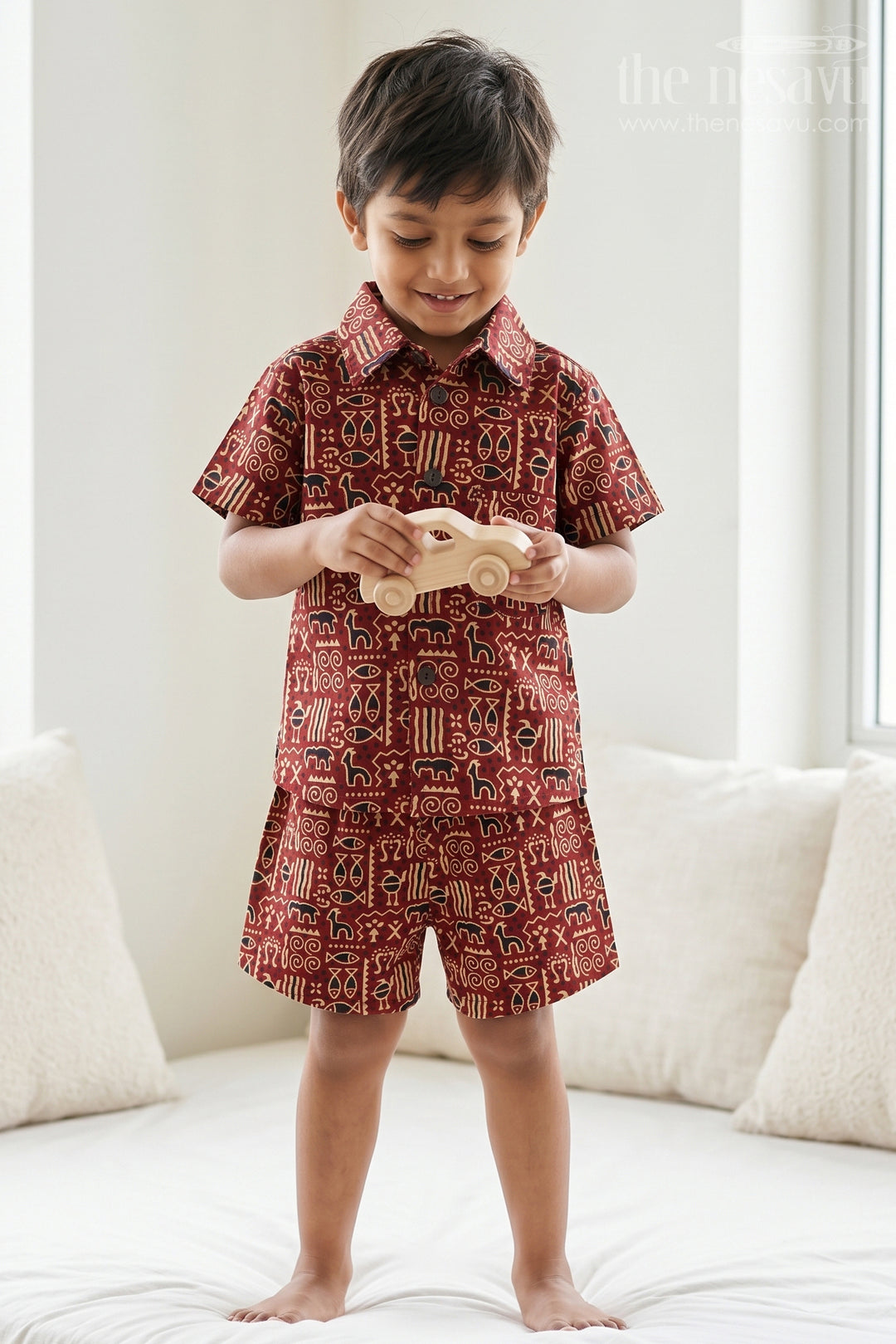 The Nesavu Boys Casual Set Boys Casual Co Ord Set for Playtime and Summer Days Nesavu 16 (1Y) / Maroon / Cotton BCS604C-16 Nesavu Boys Casual Cotton Co Ord Set For Playtime With Digital Print Shirt And Comfortable Shorts