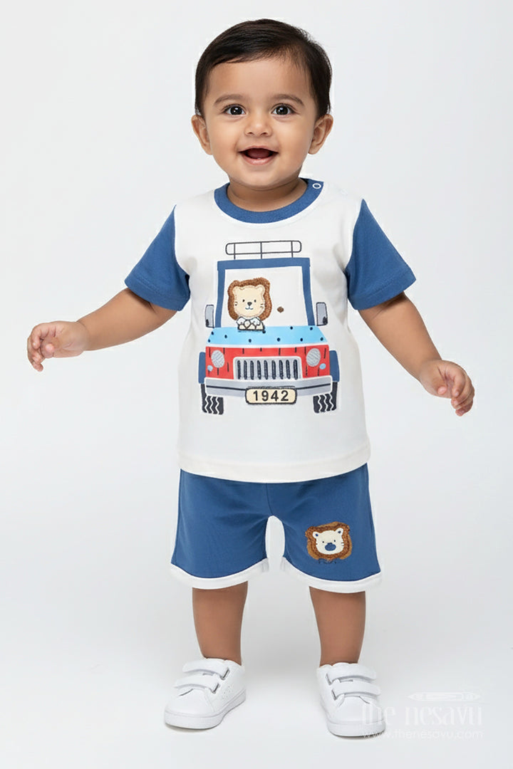 The Nesavu Boys Casual Set Boys Casual Cotton Dress with Robot Printed Tee and Blue Shorts for Comfortable All-Day Outings Nesavu 14 (6M) / Blue BCS283B-14 Nesavu Boys Casual Cotton Dress Set Robot Print Tee Soft Blue Shorts Everyday Adventures