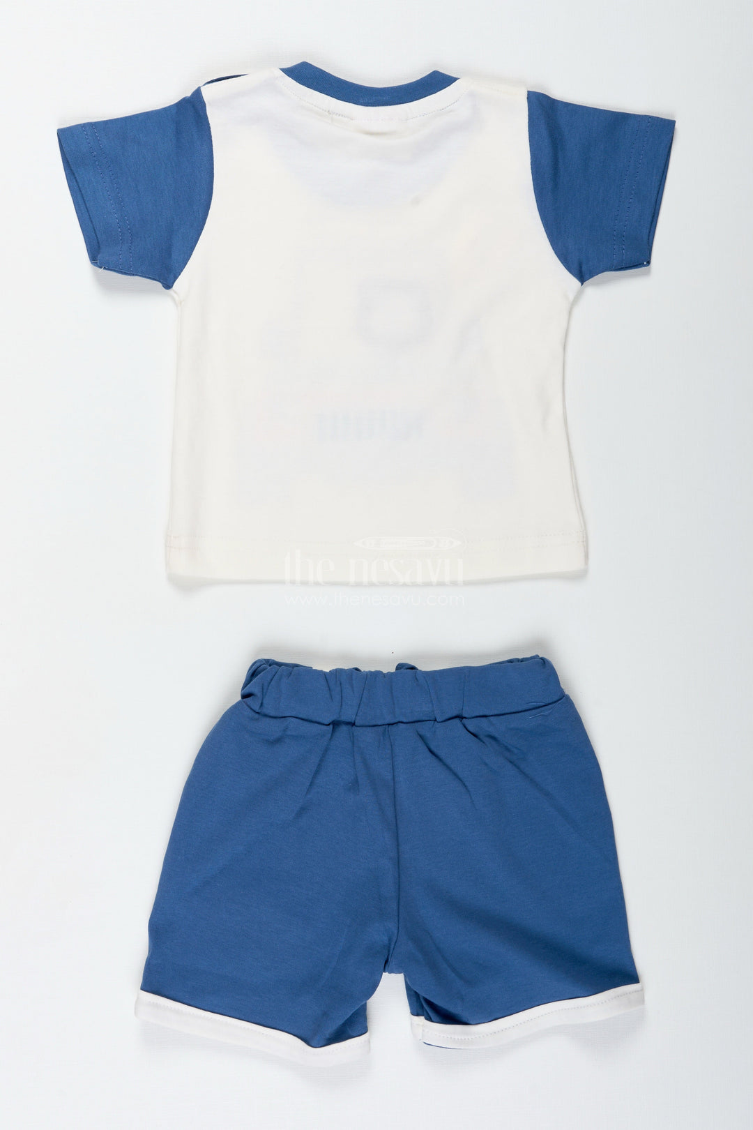 The Nesavu Boys Casual Set Boys Casual Cotton Dress with Robot Printed Tee and Blue Shorts for Comfortable All-Day Outings Nesavu Nesavu Boys Casual Cotton Dress Set Robot Print Tee Soft Blue Shorts Everyday Adventures