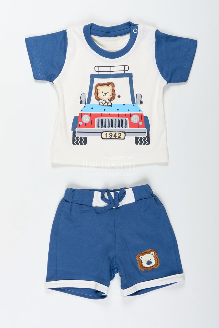 The Nesavu Boys Casual Set Boys Casual Cotton Dress with Robot Printed Tee and Blue Shorts for Comfortable All-Day Outings Nesavu Nesavu Boys Casual Cotton Dress Set Robot Print Tee Soft Blue Shorts Everyday Adventures