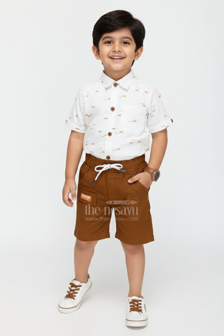 The Nesavu Boys Casual Set Boys Casual Cotton Outfit Set for Outings, School, and Everyday Wear Nesavu 14 (6M) / Half white BCS347A-14 Nesavu boys casual cotton set printed shirt drawstring shorts everyday comfort
