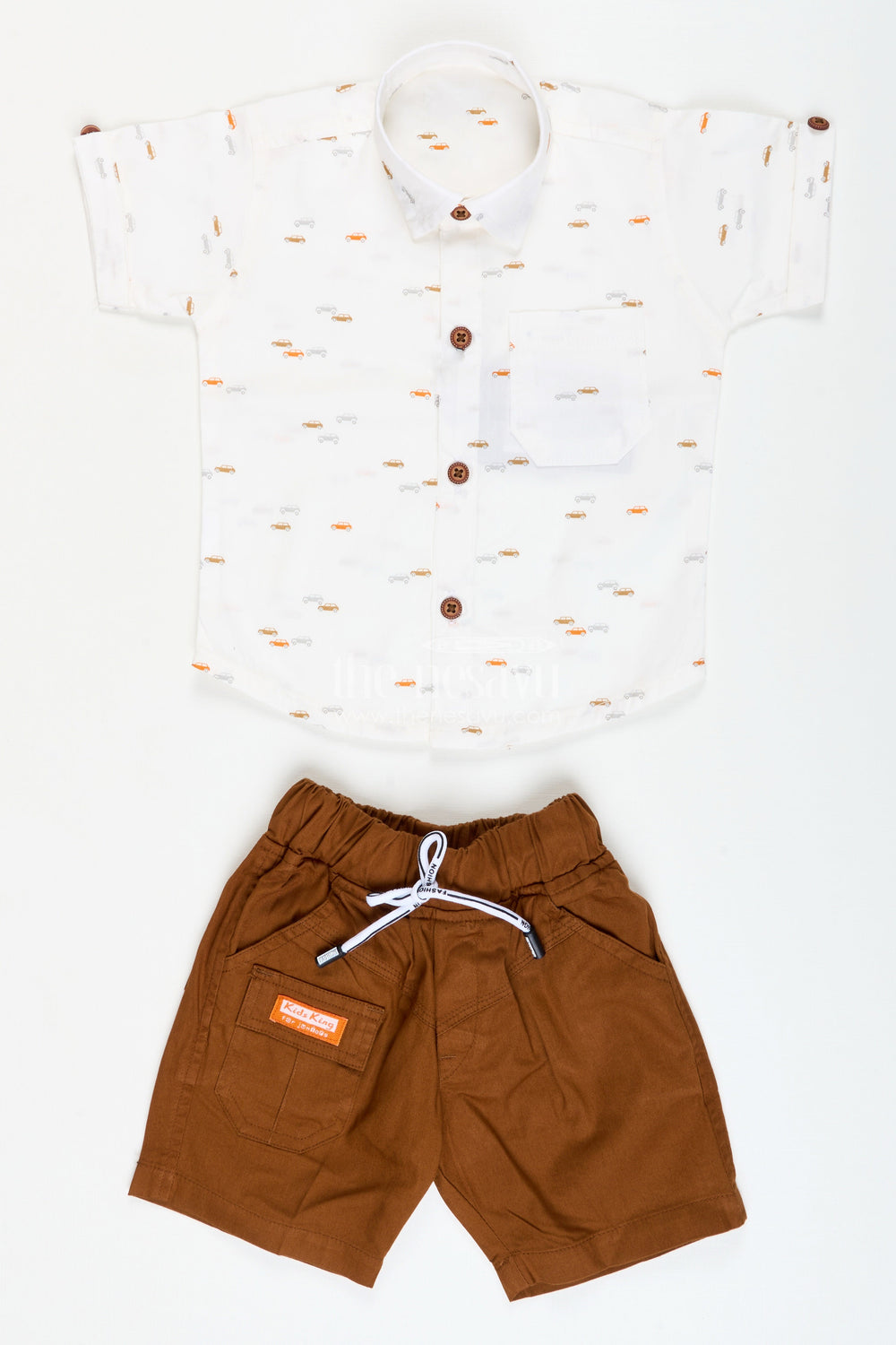 The Nesavu Boys Casual Set Boys Casual Cotton Outfit Set for Outings, School, and Everyday Wear Nesavu Nesavu boys casual cotton set printed shirt drawstring shorts everyday comfort