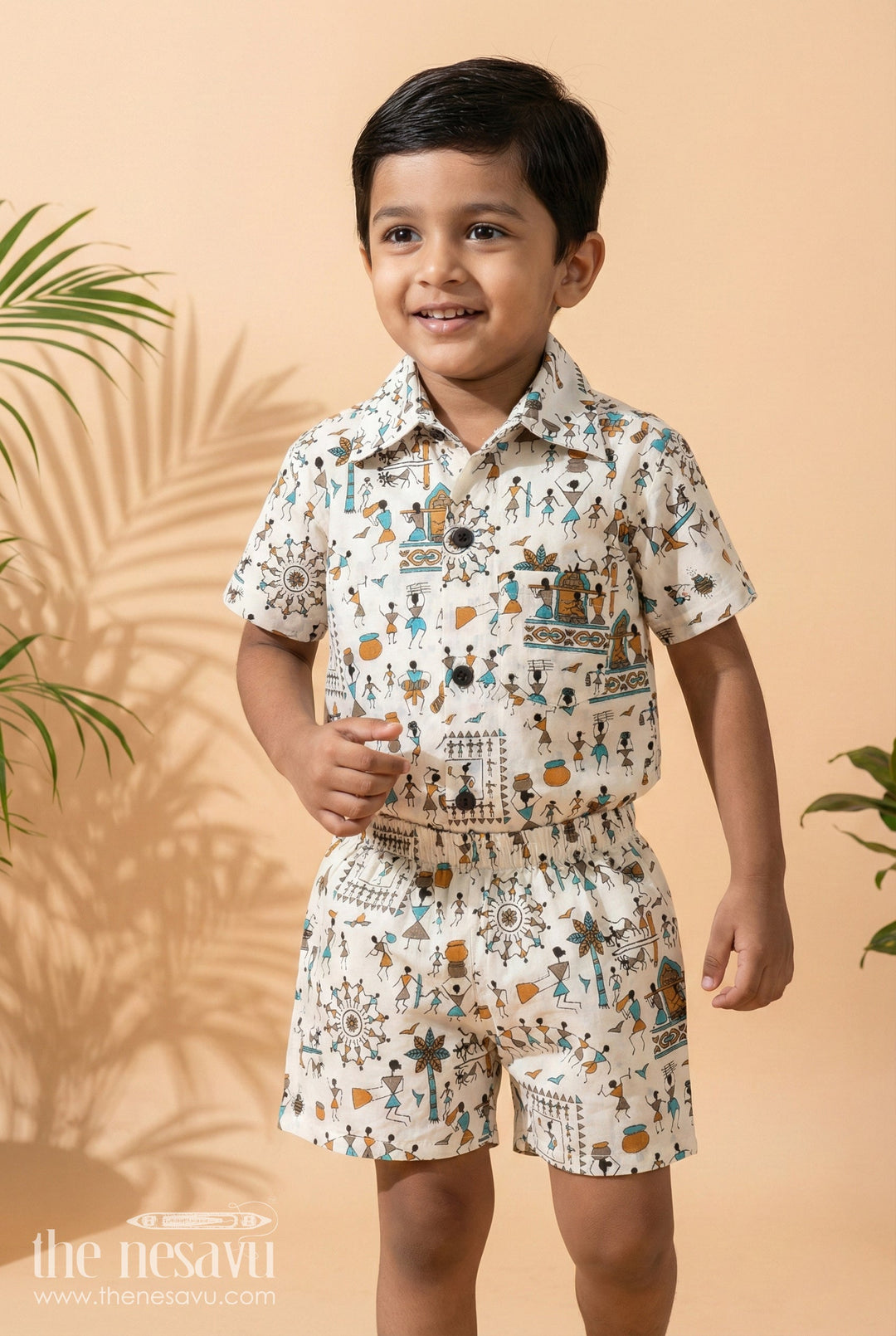 The Nesavu Boys Casual Set Boys Casual Cotton Set with Folk Art Print for Daily Fun Nesavu 16 (1Y) / Multicolor BCS548A-16 Nesavu boys cotton casual wear set with Indian folk art print – breathable and unique daily outfit