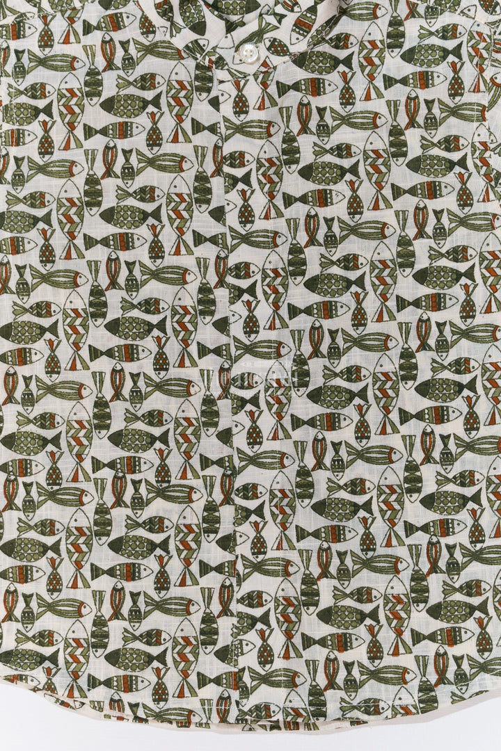 The Nesavu Boys Cotton Shirt Boys Casual Cotton Shirts in Block Print with Classic Fish Motif for Everyday Wear Nesavu Boys Casual Cotton Shirt Block Print Fish Motif Everyday Comfort | The Nesavu