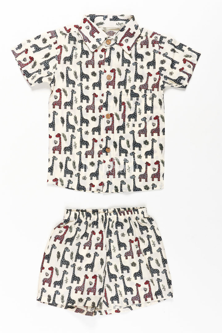 The Nesavu Boys Casual Set Boys Casual Cotton Trousers with Giraffe Print and Matching Shirt Set for Everyday Style Nesavu 16 (1Y) / Multicolor BCS272A-16 Nesavu Boys Casual Cotton Trousers Set Giraffe Print Shirt Matching Shorts Soft Cotton